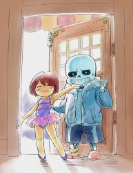 Rule 34 | 1boy, 1other, ballerina, ballet slippers, black shorts, blue hoodie, blue leotard, blue shirt, blue shoes, blush, blush stickers, brown hair, closed eyes, door, frisk (undertale), fur-trimmed hood, fur-trimmed hoodie, fur trim, grin, hood, hoodie, jkt (sheltem), leotard, long sleeves, looking at viewer, open clothes, open hoodie, pink slippers, purple skirt, sans (undertale), see-through clothes, see-through skirt, shirt, shoes, short hair, shorts, skeleton, skirt, slippers, smile, socks, standing, striped clothes, striped leotard, teeth, tutu, undertale, white eyes, yellow socks