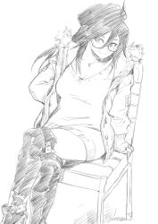 1girl black_hair boku_no_hero_academia breasts chair closed_mouth crossed_legs glasses hair_between_eyes long_hair mana30row midnight_(boku_no_hero_academia) mole mole_under_eye simple_background sitting smile solo thighhighs white_background