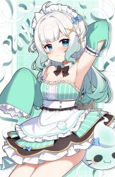 1girl ahoge alternate_hairstyle apron arm_up armpits ass blue_eyes border commentary detached_sleeves dress english_commentary feet_out_of_frame ghost gradient_hair green_background green_dress green_eyes grid_background highres indie_virtual_youtuber long_hair long_sleeves maid mint_fantome mint_fantome_(minto_2.0) multicolored_hair nackoyo ribbon simple_background sleeves_past_fingers sleeves_past_wrists solo striped_clothes striped_dress thighs twitter_username vertical-striped_clothes vertical-striped_dress waist_apron white_apron white_background white_hair white_ribbon wisps_(mint_fantome)