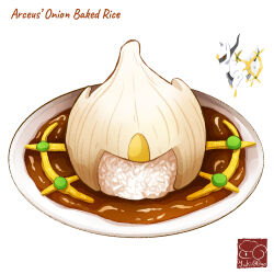 arceus artist_logo artist_name character-themed_food character_name creatures_(company) food food_focus food_name game_freak gen_4_pokemon highres legendary_pokemon logo mythical_pokemon nintendo no_humans onion plate pokemon rice simple_background white_background yuki00yo