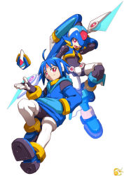 Rule 34 | 1boy, :d, ahoge, ankle boots, arm up, blue boots, blue hair, blue vest, boots, capcom, closed mouth, floating, floating object, full body, hand in pocket, helmet, holding, holding weapon, hood, hood down, hooded jacket, jacket, long sleeves, looking at viewer, male focus, mega man (series), mega man zx, mega man zx advent, model l, official art, open mouth, pink eyes, pocket, smile, solo, thetis (mega man), vest, weapon