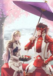Rule 34 | 1boy, 1girl, armor, black hairband, cherry blossoms, commentary request, eating, female corrin (fire emblem), fire emblem, fire emblem fates, food, grey hair, hairband, highres, holding, holding food, japanese armor, long hair, looking at another, nintendo, oil-paper umbrella, petals, pointy ears, red armor, red eyes, riou (pooh920), ryoma (fire emblem), sitting, umbrella
