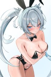 Rule 34 | 1girl, absurdres, animal ears, arms under breasts, bare arms, bare shoulders, black hairband, blue eyes, bow, bowtie, breasts, chowol, cleavage, closed mouth, commission, covered erect nipples, cowboy shot, detached collar, fake animal ears, grey hair, hair ornament, hairband, highres, leaning forward, leotard, long hair, looking at viewer, medium breasts, meme attire, original, playboy bunny, rabbit ears, side-tie leotard, smile, solo, strapless, strapless leotard, sweatdrop, translucent bunnysuit, twintails, very long hair