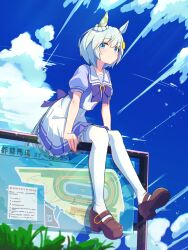 1girl absurdres animal_ears back_bow blue_eyes blue_sky bow bowtie brown_shoes closed_mouth cloud cloudy_sky commentary day ear_covers frilled_skirt frills grey_hair hair_ornament hairclip highres horse_ears horse_girl horse_tail koiwaikana kyoto_racecourse leaning_forward looking_at_viewer mary_janes miniskirt outdoors pleated_skirt purple_bow purple_bowtie purple_shirt sailor_collar school_uniform seiun_sky_(umamusume) shirt shoes short_hair sign single_ear_cover sitting skirt sky smile solo summer_uniform tail thighhighs tracen_school_uniform umamusume white_sailor_collar white_skirt white_thighhighs