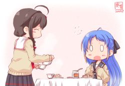 0_0 10s 2016 2girls ahoge alternate_costume artist_logo artist_name black_hair black_skirt blue_hair blush blush_stickers braid cardigan collarbone commentary_request cup dated flying_sweatdrops from_side gradient_hair hair_ornament highres jam kanon_(kurogane_knights) kantai_collection logo long_hair long_sleeves multicolored_hair multiple_girls neckerchief open_mouth pleated_skirt pouring remodel_(kantai_collection) samidare_(kancolle) school_uniform shigure_(kancolle) single_braid sitting skirt sleeves_past_wrists spoon standing sweatdrop table tablecloth tea teacup teapot watermark