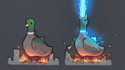 animal atomic_breath beak bird blue_fire blue_light blurry breath_weapon breathing_fire building cityscape crossover destruction duck electricity energy energy_beam fire flying full_body giant giant_monster godzilla godzilla:_king_of_the_monsters godzilla_(series) grey_background highres laser legendary_pictures lightning looking_at_viewer monsterverse mouth_beam multiple_views neytirix no_humans original plasma plasma_beam ruins simple_background skyline solid_oval_eyes standing toho toy_block wings