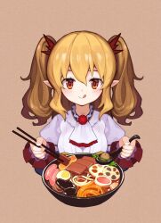 1girl :q ascot blonde_hair blood_tofu blush brooch chopsticks closed_mouth food hair_between_eyes hardboiled_egg highres holding jewelry long_hair long_sleeves looking_at_viewer lotus_root_slice meat moeoh_ex noodles pointy_ears puffy_sleeves red_ascot red_eyes sausage shirt smile solo tongue tongue_out twintails two_side_up upper_body vlad_iii_(moeoh_ex) white_shirt yijiang_dango