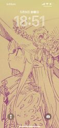 1girl abara_heiki blush closed_mouth dated flower from_side hat hat_flower highres long_hair monochrome original pointy_ears profile signature simple_background solo