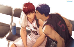 2boys aomine_daiki basketball_uniform blue_eyes blue_hair bottle chair eye_contact feet_out_of_frame jersey kagami_taiga kuroko_no_basuke looking_at_another male_focus multiple_boys parted_lips red_eyes red_hair short_hair shorts signature sitting sportswear sweatdrop tan teeth towel water_bottle white_background zawar379