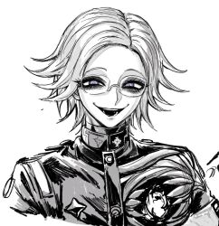 1boy aotsuki_eito armband chamuchai evil_grin evil_smile gakuran glasses greyscale greyscale_with_colored_eyes grin highres hole_in_chest hole_on_body last_defense_academy_school_uniform looking_at_viewer male_focus monochrome narrowed_eyes portrait school_uniform short_hair simple_background smile solo spoilers spot_color the_hundred_line_-last_defense_academy-