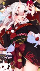 1girl absurdres bare_shoulders bell blush breasts double_bun hair_bun highres hololive horns japanese_clothes jingle_bell kimono long_hair long_sleeves looking_at_viewer mask miaruri nakiri_ayame obi one_eye_closed oni_mask print_kimono red_eyes red_kimono sash small_breasts smile solo tassel virtual_youtuber white_hair wide_sleeves