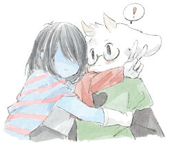 ! 1boy 1other ahoge armor bare_arms black_eyes black_hair blue_cape blue_skin blush breastplate cape colored_skin deltarune furry furry_male glasses gloves goat_boy goat_horns green_shirt hair_over_face hanamuraugk horns kris_(dark_world)_(deltarune) kris_(deltarune) leaning_on_person light_smile long_sleeves other_with_male pink_cape ralsei red_scarf scarf shaded_face shirt short_hair smile speech_bubble spoken_exclamation_mark striped_cape two-tone_cape v watercolor_effect white_background white_fur white_gloves