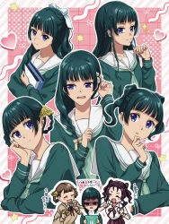 3girls :o alternate_costume blue_eyes blunt_bangs blush_stickers book bow braid brown_sweater chibi closed_eyes comb contemporary flower freckles green_neckerchief hair_bow hair_flower hair_ornament hair_rings hand_up heart highres holding holding_book index_finger_raised kusuriya_no_hitorigoto maomao_(kusuriya_no_hitorigoto) multiple_girls multiple_views neckerchief pink_background school_uniform serafuku shiranomaru shirt shisui_(kusuriya_no_hitorigoto) skirt smile star_(symbol) sweater white_bow white_shirt xiaolan_(kusuriya_no_hitorigoto)