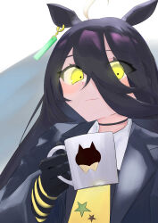 1girl absurdres animal_ears animal_print black_choker black_coat black_gloves black_hair black_shirt cat_print choker closed_mouth coat collared_shirt cotton_candy cup ear_tag earrings food gloves hair_between_eyes hand_up highres holding holding_cotton_candy holding_cup holding_food horse_ears horse_girl jewelry light_smile long_bangs long_hair long_hair_between_eyes long_sleeves looking_at_viewer manhattan_cafe_(umamusume) mug multicolored_hair necktie remonmichi9 shirt single_earring solo umamusume very_long_hair white_hair yellow_necktie