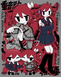 1girl absurdres ahoge birthday black_boots black_shirt black_skirt boots character_name chibi chibi_inset collared_shirt detached_sleeves drill_hair dual_persona grey_shirt grey_skirt hair_ribbon headset highres holding_hands kasane_teto kasane_teto_(sv) kasane_teto_(utau) knee_boots long_sleeves multiple_views red_hair ribbon shirt skirt sleeveless sleeveless_shirt synthesizer_v twin_drills utau yuna_(the_boon_109)