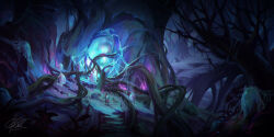 1boy branch chinnkun coat dark dragon eastern_dragon egg facing_away fantasy forest from_behind glowing landscape nature original painterly red_coat signature tree