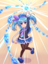 Rule 34 | 1girl, absurdres, black pantyhose, blue boots, blue capelet, blue hair, blue hat, blue skirt, boots, capelet, emil chronicle online, frilled skirt, frills, hat, highres, magic, monster girl, necktie, open mouth, pantyhose, purple necktie, pururu alma, red eyes, rna0, skirt, slime girl, standing, standing on one leg, twintails, water