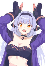 1girl absurdres arms_up bandeau black_bandeau black_choker black_mittens blunt_bangs breasts challenger_dominiel choker cleavage commentary_request epic_seven headgear highres jacket konjou long_hair long_sleeves looking_at_viewer medium_breasts midriff mittens mixed-language_commentary navel open_clothes open_jacket open_mouth orange_eyes purple_hair purple_jacket rabbit_pose simple_background smile solo strapless tube_top upper_body white_background