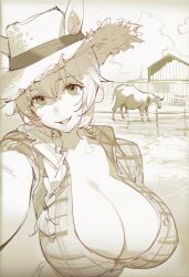 Rule 34 | 1girl, aged up, alternate costume, alternate hairstyle, animal ears, barn, braid, braided ponytail, breasts, checkered clothes, checkered shirt, cleavage, commentary request, cow, hat, highres, horse ears, horse girl, kisaragi shokuin, large breasts, monochrome, open mouth, selfie, shirt, sketch, straw hat, taiki shuttle (umamusume), umamusume
