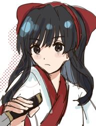 1girl ainu_clothes black_hair breasts brown_eyes fingerless_gloves gloves hair_ribbon highres long_hair nakoruru ribbon samurai_spirits serious small_breasts snk solo weapon