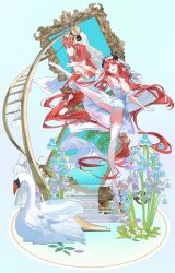 1girl absurdres alternate_costume armpits bird blue_eyes breasts buri_(retty9349) cleavage dancer dancing detached_sleeves dress fake_horns full_body genshin_impact highres horns looking_up nilou_(genshin_impact) open_mouth panties red_hair short_sleeves smile standing standing_on_one_leg swan thighhighs underwear veil white_dress white_footwear white_panties white_thighhighs white_veil