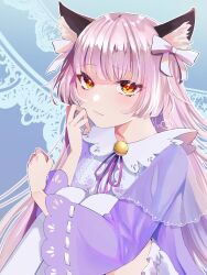 1girl animal_ears blunt_bangs cat_ears heaven_burns_red highres lace_trim long_hair looking_at_viewer official_alternate_costume official_alternate_hairstyle ogasawara_hisame pajamas ribbon rin_0101010 solo white_hair yellow_eyes