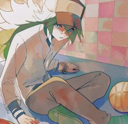 Rule 34 | 1boy, ball, baseball cap, basketball (object), black undershirt, blue eyes, bracelet, brown pants, collared shirt, full body, green footwear, green hair, hair between eyes, hat, jewelry, long hair, looking at viewer, male focus, n (pokemon), necklace, nintendo, pants, pokemon, pokemon bw, ponytail, shirt, sitting, solo, white shirt, zero (sleepy meltan)