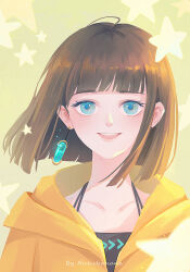 1girl artist_name black_shirt blue_eyes blunt_bangs blunt_ends bob_cut brown_hair collarbone earrings highres hood hood_down huhv. jacket jewelry looking_at_viewer medium_hair open_mouth original shirt short_hair single_earring smile solo star_(symbol) teeth upper_body yellow_background yellow_jacket