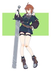 1girl absurdres ahoge bike_shorts black_gloves black_shorts blue_dress blue_socks boots brown_boots brown_eyes brown_hair closed_mouth commentary_request dress fingerless_gloves fukana_miyu_(kokuya28) full_body gloves hair_ornament highres holding holding_sword holding_weapon kokuya_(kokuya28) long_sleeves looking_at_viewer original puffy_long_sleeves puffy_sleeves short_hair shorts shorts_under_dress simple_background smile socks solo standing sword thigh_strap tomboy two-tone_background weapon white_background x_hair_ornament