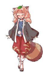 1girl :d ^_^ alphes_(style) animal_ears black_kimono black_sandals blue_shirt blush closed_eyes commentary_request dairi facing_viewer full_body furrowed_brow japanese_clothes kimono large_variant_set leaf leaf_on_head long_hair long_sleeves okobo open_clothes open_kimono open_mouth parody platform_sandals raccoon_ears raccoon_girl raccoon_tail red_shorts sandals shirt shorts smile socks solo standing style_parody tabi tachi-e tail tanuki_mob_(touhou) thick_eyebrows touhou transparent_background variant_set white_socks wide_sleeves