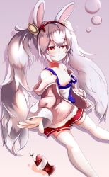 1girl alma_(41ma_stella) amber_eyes animal_ears azur_lane bandaid cola fake_animal_ears hair_ornament highres jacket jacket_partially_removed laffey_(azur_lane) nipple_slip nipples open_mouth rabbit_ears skirt socks solo strap_slip tagme twintails white_hair