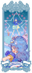 10s 1girl animal_ears beamed_quavers blue_eyes blue_gloves blue_hair blue_neckwear blue_theme blush border choker crotchet_rest cure_gelato earrings extra_ears fang female_focus food gloves hair_down hand_on_own_hip henshin highres ice_cream jewelry kirakira_precure_a_la_mode lion_ears lion_tail long_hair looking_at_viewer magical_girl multiple_persona musical_note nenne321 open_mouth pointing pointing_at_self precure profile quaver quaver_rest smile solo tail tategami_aoi thumbs_up treble_clef