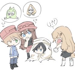 ! 2boys 2girls ? anger_vein black_dress black_hair black_thighhighs blue_eyes blue_oak blue_oak_(cosplay) calem_(pokemon) calem_(pokemon)_(cosplay) cosplay costume_switch dress eyewear_on_headwear gen_3_pokemon gen_5_pokemon green_(pokemon) green_(pokemon)_(cosplay) group_costume_switch hat multiple_boys multiple_girls nintendo pokemon pokemon_adventures riceball_(gohan_gin) serena_(pokemon) serena_(pokemon)_(cosplay) shirt snorunt snorunt_(cosplay) spiked_hair spoken_exclamation_mark spoken_question_mark sunglasses swadloon swadloon_(cosplay) thighhighs