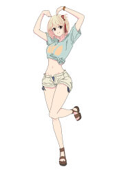1girl absurdres aqua_shirt arms_up blonde_hair breasts full_body highres looking_at_viewer lycoris_recoil medium_breasts midriff nishikigi_chisato one_side_up open_fly red_eyes red_ribbon ribbon sandals shirt short_hair shorts simple_background solo standing standing_on_one_leg thighs tied_shirt umatarou_(a05867430) white_background white_shorts