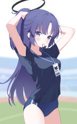 Rule 34 | 1girl, absurdres, arms up, badge, blue archive, blue buruma, blurry, blurry background, blush, buruma, commentary, gym uniform, hair ornament, hair tie, halo, highres, long hair, mechanical halo, purple eyes, shirt, star sticker, sticker on face, t-shirt, ula cabbage, yuuka (blue archive), yuuka (track) (blue archive)