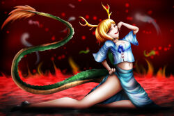 1girl absurdres antlers blonde_hair blue_shirt blue_skirt breasts clothes_lift dragon_girl dragon_horns dragon_tail full_body fur-tipped_tail green_scales green_tail highres horns kicchou_yachie legs lifting_own_clothes long_legs looking_at_viewer monster_girl navel open_mouth red_background red_eyes saigyoujiyurin scales shirt short_hair skirt skirt_lift smile solo square_neckline stomach tail thighs touhou turtle_shell yellow_horns