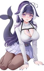 1girl absurdres ahoge bandaid bandaid_on_face bandaid_on_nose black_hair black_pantyhose blue_nails blush body_markings breasts cetacean_tail chaisia_art cleavage cleavage_cutout clothing_cutout facial_mark fins fish_tail heart heart_ahoge heart_cutout highres indie_virtual_youtuber large_breasts long_hair looking_at_viewer meme_attire multicolored_hair official_alternate_costume open-chest_sweater orca_girl pantyhose pleated_skirt purple_eyes shylily sitting skirt smile solo streaked_hair sweater tail virtual_youtuber white_hair