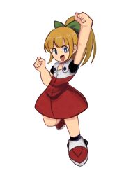 1girl :d arm_up blonde_hair blue_eyes blunt_bangs bow clenched_hands dress full_body green_bow hair_bow highres leg_up looking_at_viewer mega_man_(classic) mega_man_(series) mega_man_11 open_mouth ponytail red_dress red_shoes roll_(mega_man) shoes smile solo tikuwabu_33 white_background