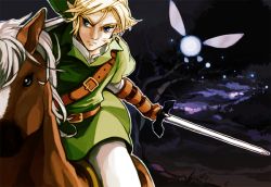 1boy blonde_hair blue_eyes earrings epona fairy gloves hat holding holding_sword holding_weapon horse jewelry link male_focus mochio_(ibuki) navi nintendo pointy_ears riding sword the_legend_of_zelda the_legend_of_zelda:_ocarina_of_time weapon