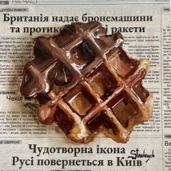 absurdres chocolate-covered_food food food_focus highres julia_stankevych maple_syrup newspaper no_humans oil_painting_(medium) original painting_(medium) photo_(medium) realistic signature still_life syrup traditional_media waffle wall_of_text