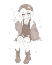 Rule 34 | 1boy, :d, androgynous, ankle boots, arm support, basil (birthday) (omori), basil (faraway) (omori), basil (omori), blush, boots, bright pupils, buttons, cardigan, collared shirt, commentary request, crossed bangs, double-parted bangs, flower, full body, hair between eyes, hand up, hat, highres, invisible chair, lace-up boots, long sleeves, looking at viewer, male focus, monochrome, newsboy cap, official alternate costume, omori, open cardigan, open clothes, open mouth, overall shorts, overalls, pigeon-toed, puffy long sleeves, puffy sleeves, ribbed shirt, saji neko, shirt, short hair, simple background, sitting, sleeves past wrists, smile, solo, w, white background