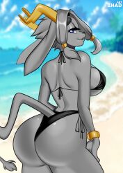 1girl animal_ears animal_nose ass ass_focus back beach bikini blue_eyes breasts contrapposto furry furry_female grey_fur highres horns large_breasts looking_back outdoors pseudoregalia rabbit_ears swimsuit sybil_(pseudoregalia) tail zhadart