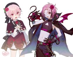 1boy absurdres bandaged_wrist bandages bat_wings belt belt_chain bishounen black_bow black_gloves black_hat black_jacket black_pants black_ribbon black_shirt black_shorts black_streaks blush bow bowtie capelet chain chuunibyou crop_top crying crying_with_eyes_open eyepatch fang flower flying_sweatdrops furrowed_brow genderswap genderswap_(ftm) gloves hair_flower hair_ornament hair_ribbon hand_on_own_hip hat hat_bow highres jacket jacket_on_shoulders long_sleeves male_focus medical_eyepatch middle_part midriff milkuriem multicolored_eyes multiple_views navel nijisanji nijisanji_en pants parted_bangs pink_belt pink_eyes pink_flower pink_hair pink_rose pink_wings ponytail red_capelet ribbon rose rosemi_lovelock rosemi_lovelock_(1st_costume) rosemi_lovelock_(4th_costume) shirt short_hair short_ponytail shorts signature sleeve_ribbon sleeveless sleeveless_shirt smile smug tears thorns turtleneck two-tone_eyes virtual_youtuber white_background white_shirt wings wrist_belt yellow_eyes