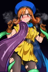 1girl 1other absurdres alena_(dq4) anime_coloring black_background black_pantyhose blue_cape blue_hat blunt_bangs blush breasts brown_gloves cape clenched_teeth commentary_request commission cowboy_shot creature curly_hair dragon_quest dragon_quest_iv earrings gem gloves green_gemstone hat highres jewelry looking_down medium_breasts medium_hair midori_(bar_midori) orange_hair pantyhose peril pixiv_commission red_eyes solo_focus sphere_earrings steam sweat teeth tentacles torn_clothes torn_pantyhose torn_tunic tunic very_sweaty yellow_tunic