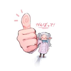 1girl :3 blue_scarf blush chibi closed_eyes closed_mouth coat earrings elf frieren hand_up highres jewelry long_hair long_sleeves looking_at_viewer outstretched_arm parted_bangs pointy_ears reaching reaching_towards_viewer scarf smile solo sousou_no_frieren thebagelchan thumbs_up twintails white_background white_coat white_hair