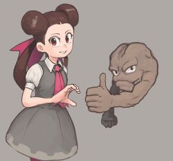 1girl absurdres brown_hair chanta_(ayatakaoisii) collared_shirt cowboy_shot dress gen_1_pokemon geodude grey_background grey_dress hair_ribbon heart_hands_failure highres long_hair nintendo pantyhose parted_lips pink_ribbon pokemon pokemon_(creature) pokemon_oras red_eyes ribbon roxanne_(pokemon) shirt short_sleeves simple_background smile solo thumbs_up twintails white_shirt