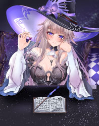 1girl ascot black_choker black_dress black_hat book breasts choker cleavage commentary detached_sleeves dress flower gem grey_hair hand_up hands_up hat hat_flower herta_(honkai:_star_rail) highres holding holding_gem honkai:_star_rail honkai_(series) long_hair long_sleeves looking_at_viewer match_(scp115) purple_eyes purple_flower smile solo strapless strapless_dress the_herta_(honkai:_star_rail) upper_body very_long_hair white_ascot witch_hat