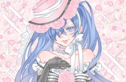 1boy bare_shoulders black_gloves blue_eyes blue_hair choker ciel_phantomhive ciel_phantomhive_(robin_dress) crossdressing crossdressing_(mtf) dress elbow_gloves flower frills gloves hair_over_one_eye hat highres kuroshitsuji long_hair male_focus off-shoulder_dress off_shoulder pink_choker pink_flower pink_hat silkrosarie solo trap twintails