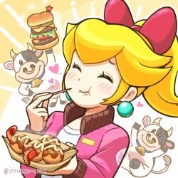 Rule 34 | 1girl, arm up, blonde hair, blush, bow, burger, cow, dot nose, earrings, eating, food, hair bow, hand on own hip, hands up, happy, heart, highres, holding, holding food, jacket, jewelry, long sleeves, looking at viewer, mario (series), mario kart, mario kart world, moo moo (mario), nintendo, open clothes, open jacket, pink bow, pink jacket, ponytail, princess peach, princess peach (touring), smile, solo, sphere earrings, standing, suruga kanade, takoyaki, twitter username