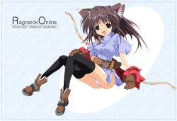 1girl 2000s_(style) :d animal_ear_fluff animal_ears archer_(ragnarok_online) bad_id black_thighhighs blue_background blue_eyes blue_shirt boots bow_(weapon) breasts brown_boots brown_gloves brown_hair cat_ears cat_girl commentary_request copyright_name full_body gloves hand_up holding holding_bow_(weapon) holding_weapon looking_at_viewer medium_breasts milestone_celebration no_pants open_mouth panties ragnarok_online shirt short_sleeves smile solo thighhighs tokita underwear weapon white_panties